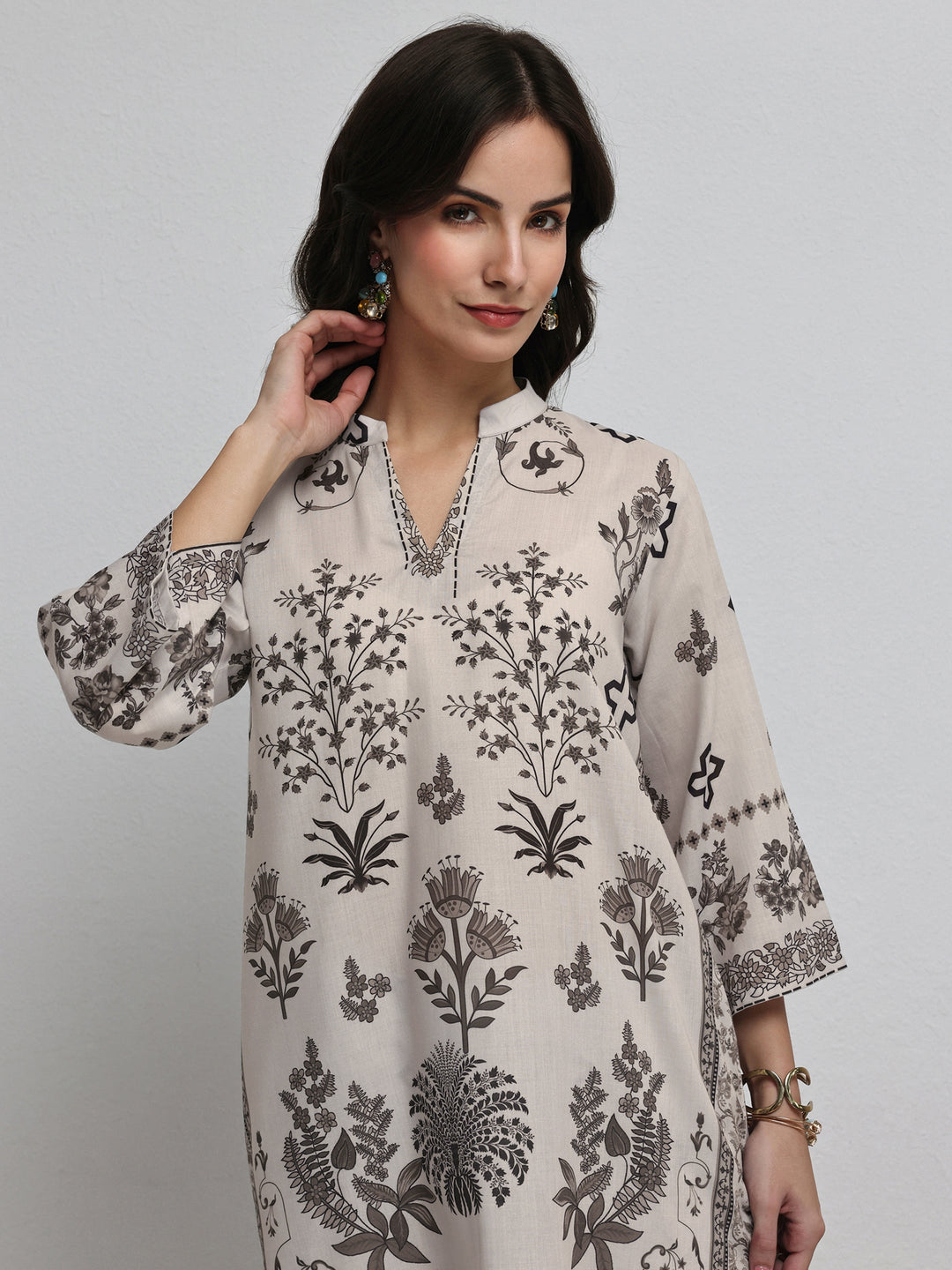  Off White Floral Printed Cotton Blend Co-Ord Set 