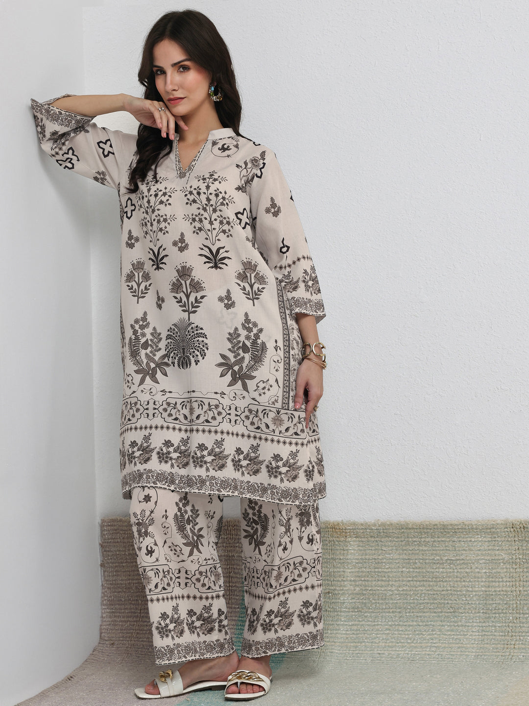  Off White Floral Printed Cotton Blend Co-Ord Set 