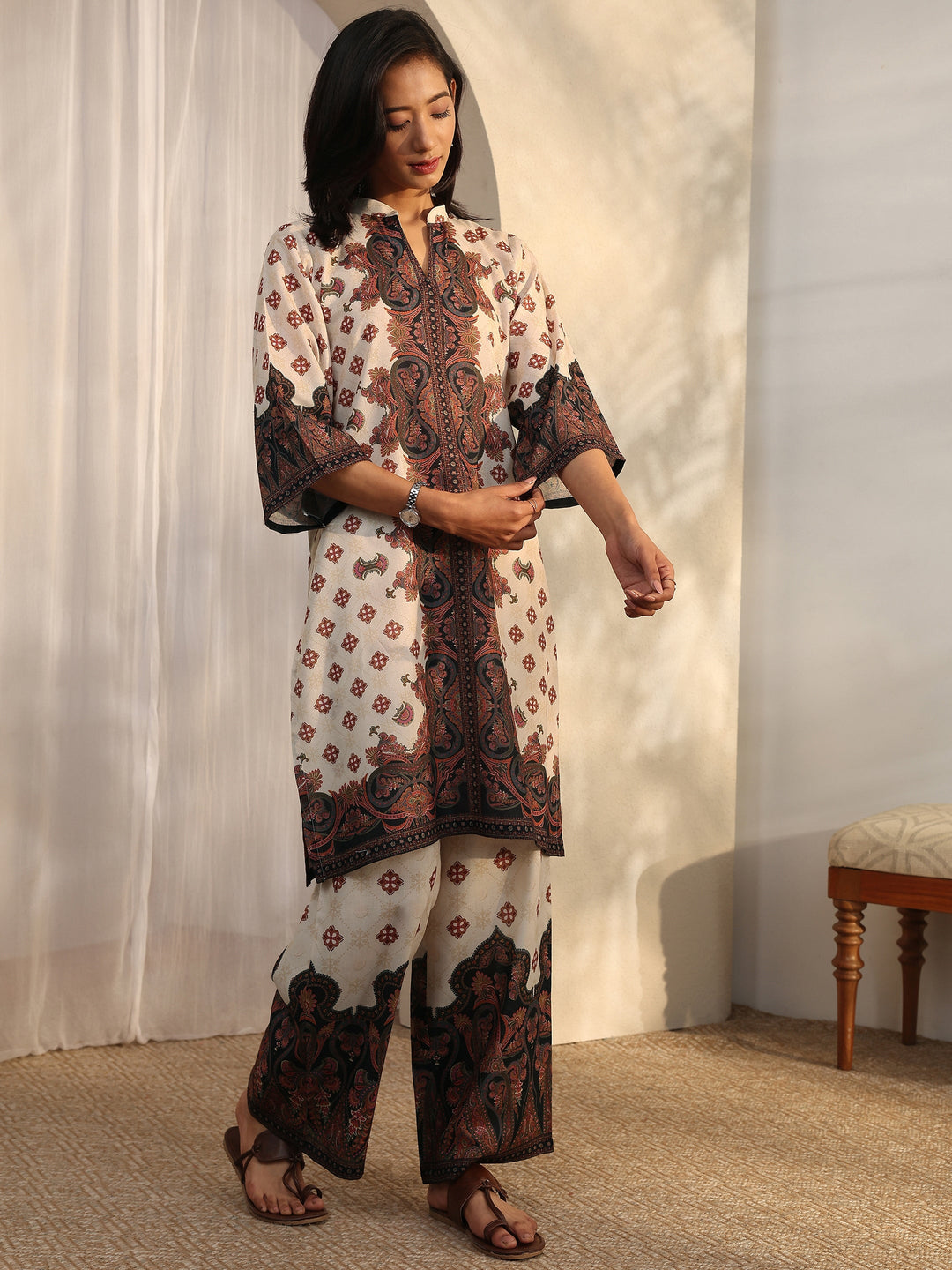  Off White Printed Cotton Blend Co-Ord Sets 