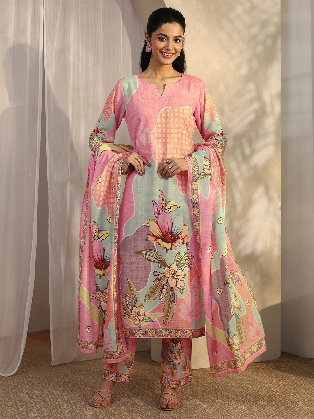Pink Printed Cotton Blend Straight Suit Set With Dupatta