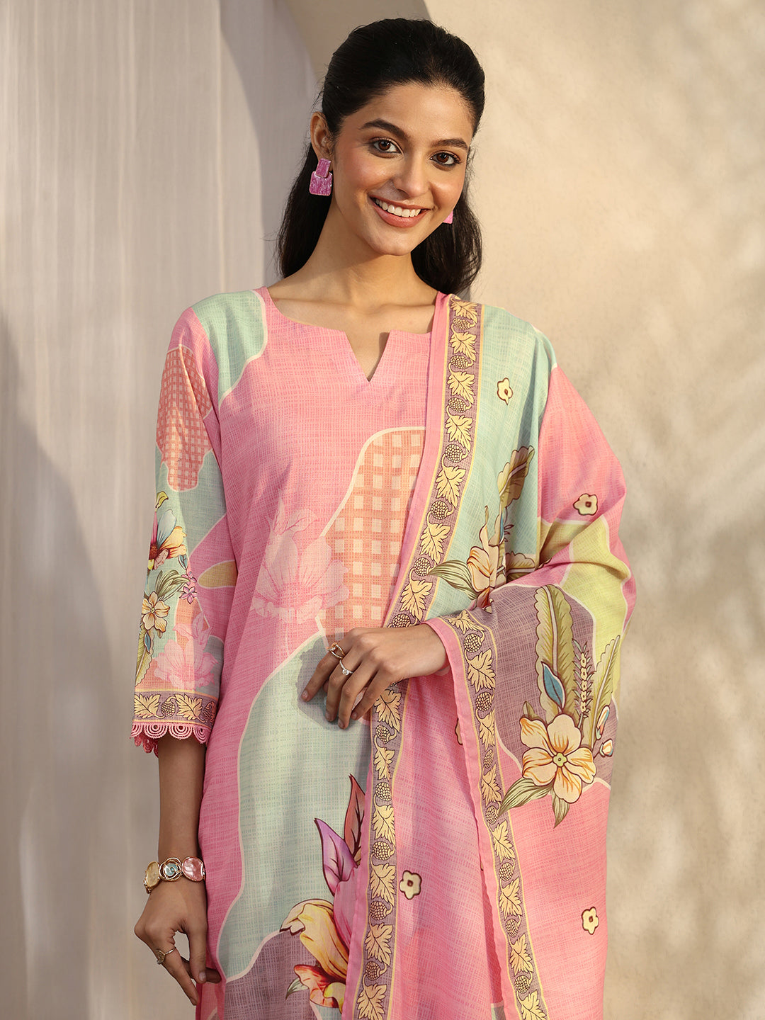  Pink Printed Cotton Blend Straight Suit Set With Dupatta 