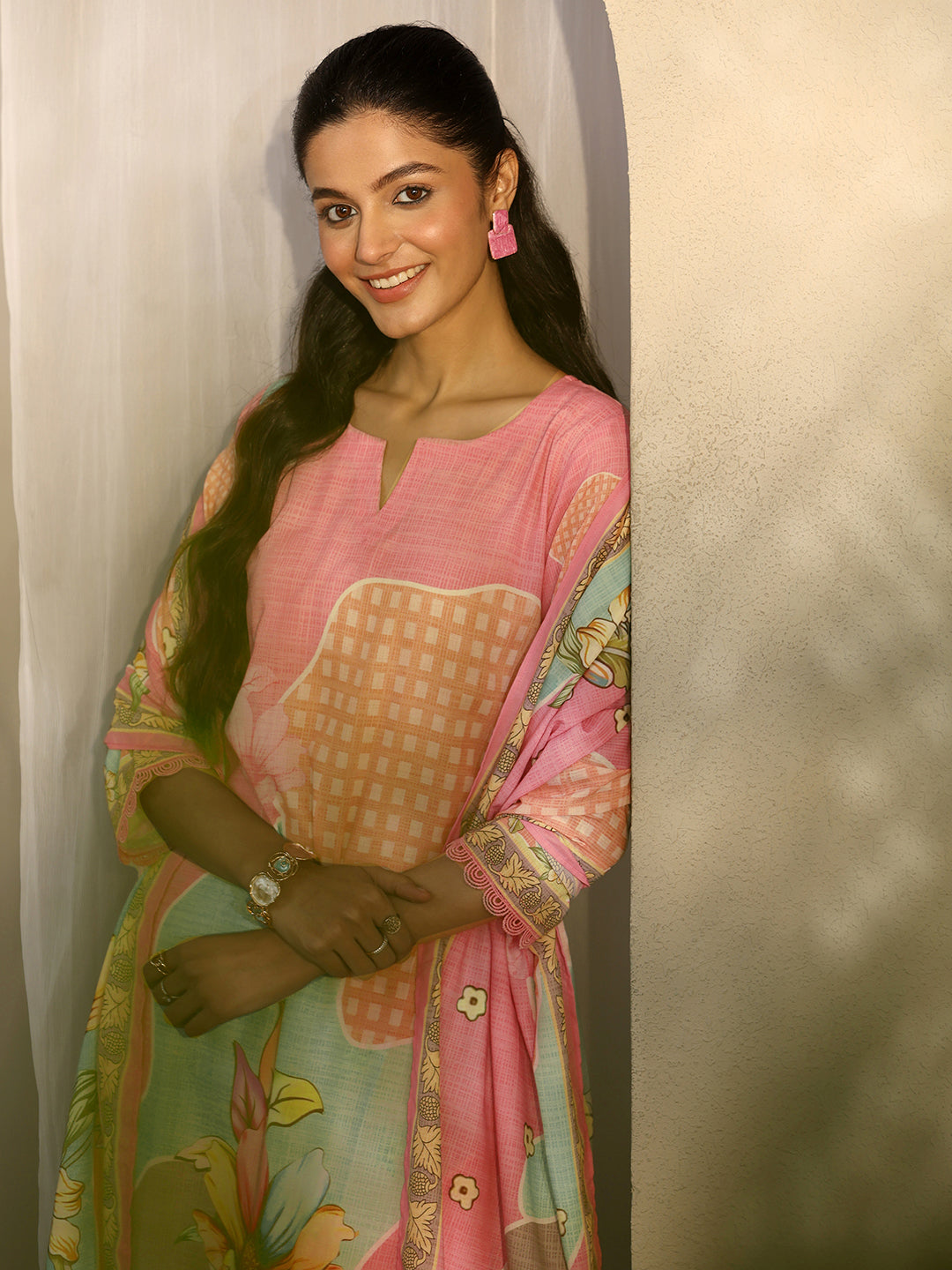  Pink Printed Cotton Blend Straight Suit Set With Dupatta 