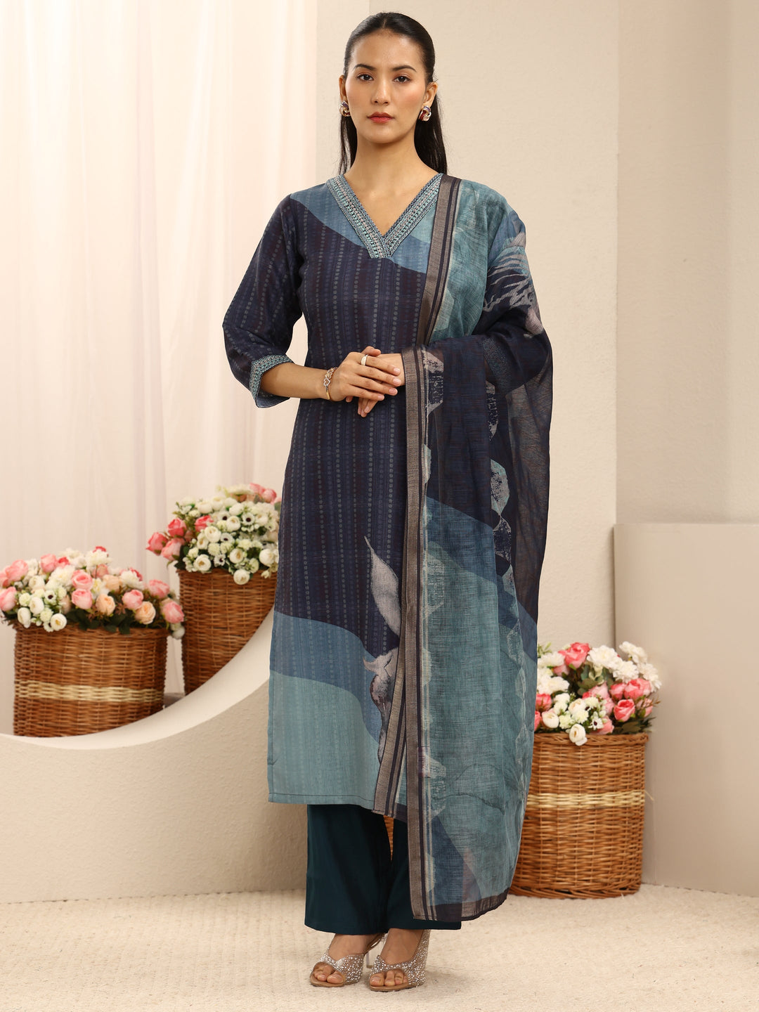  Blue Striped Printed Linen Straight Suit Set With Dupatta 