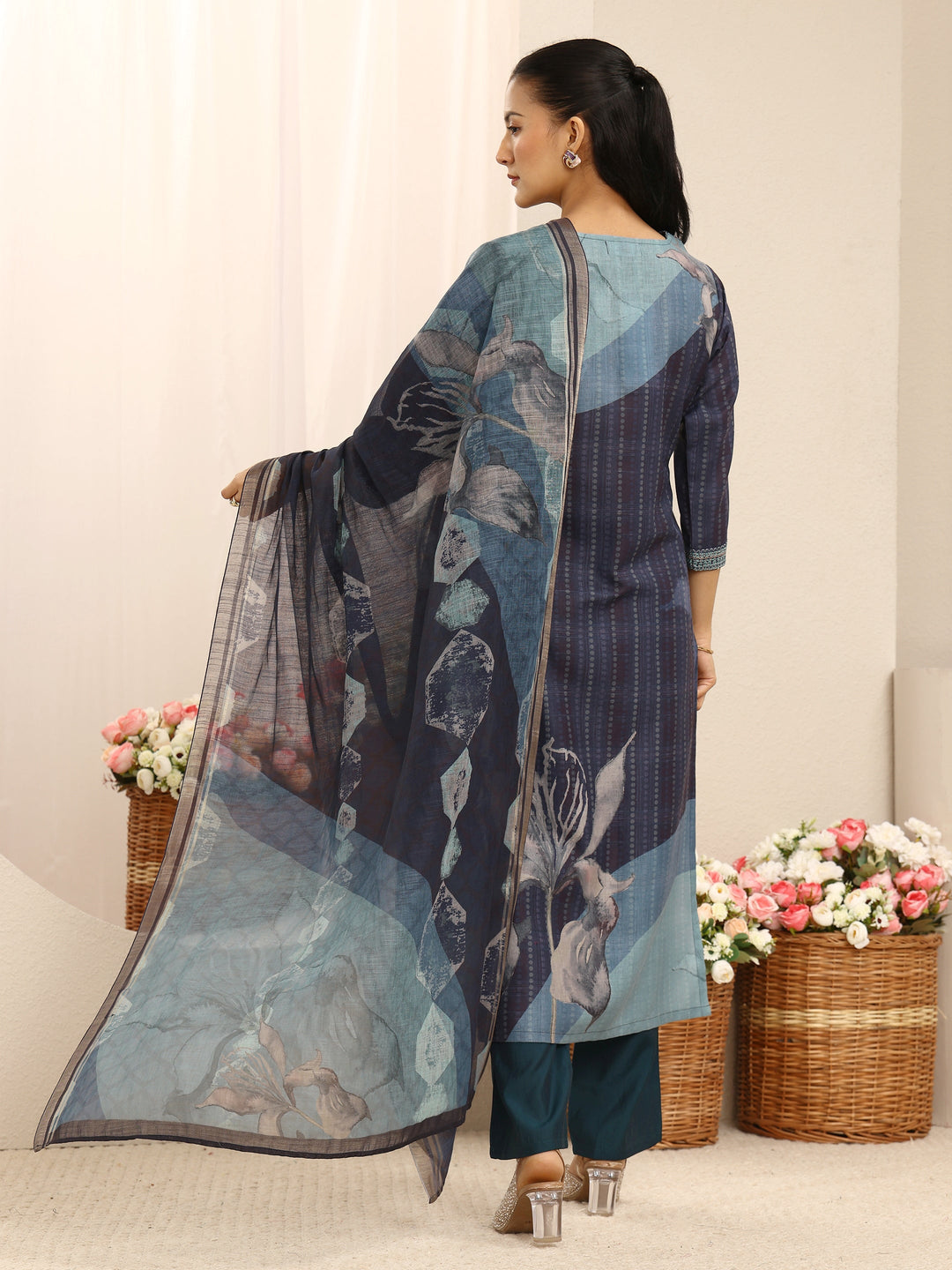  Blue Striped Printed Linen Straight Suit Set With Dupatta 