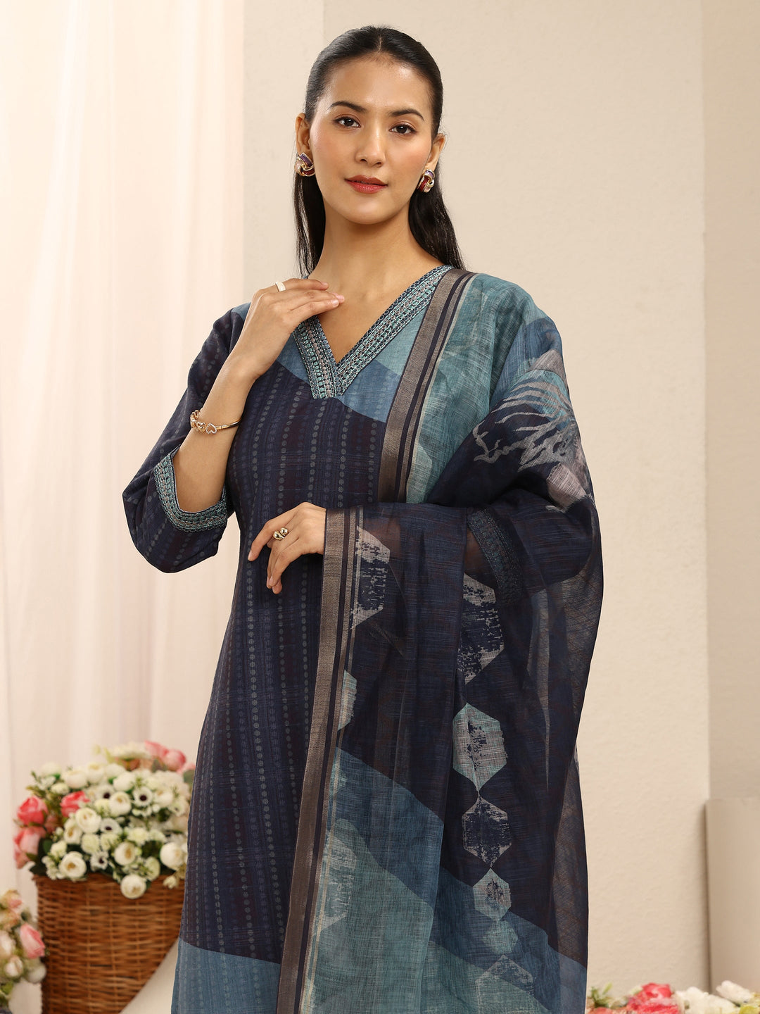  Blue Striped Printed Linen Straight Suit Set With Dupatta 
