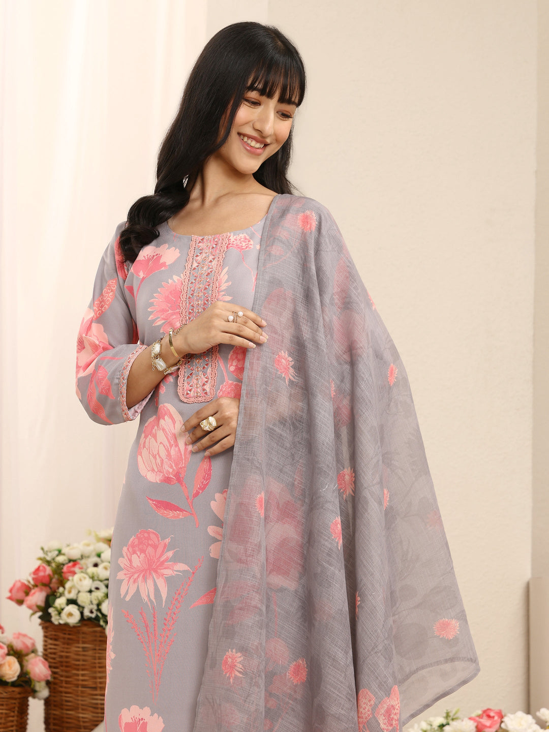  Grey Floral Printed Linen Straight Suit Set With Dupatta 