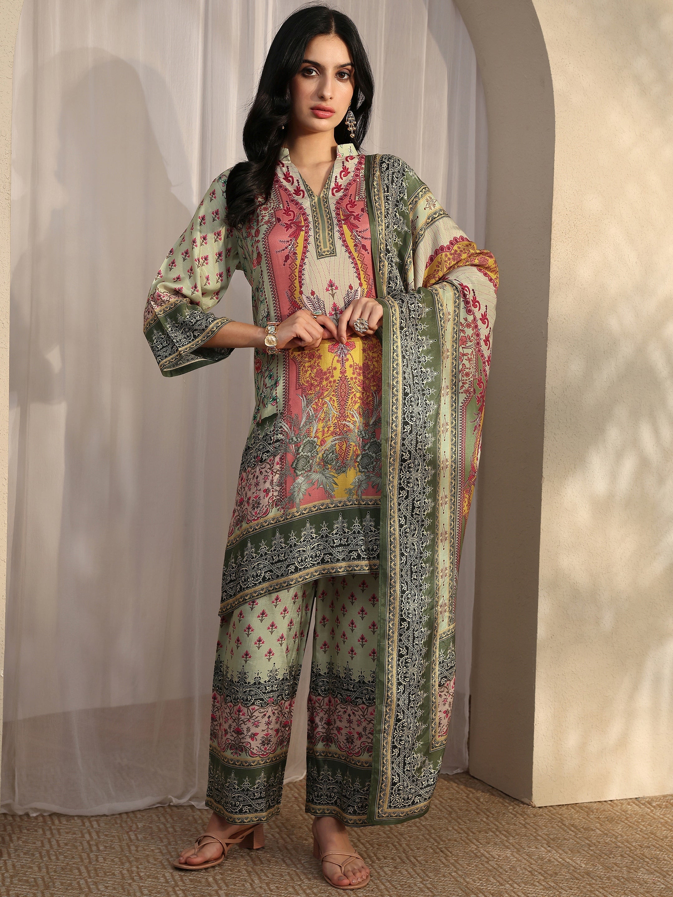 Libas Green Printed Muslin Straight Suit Set
