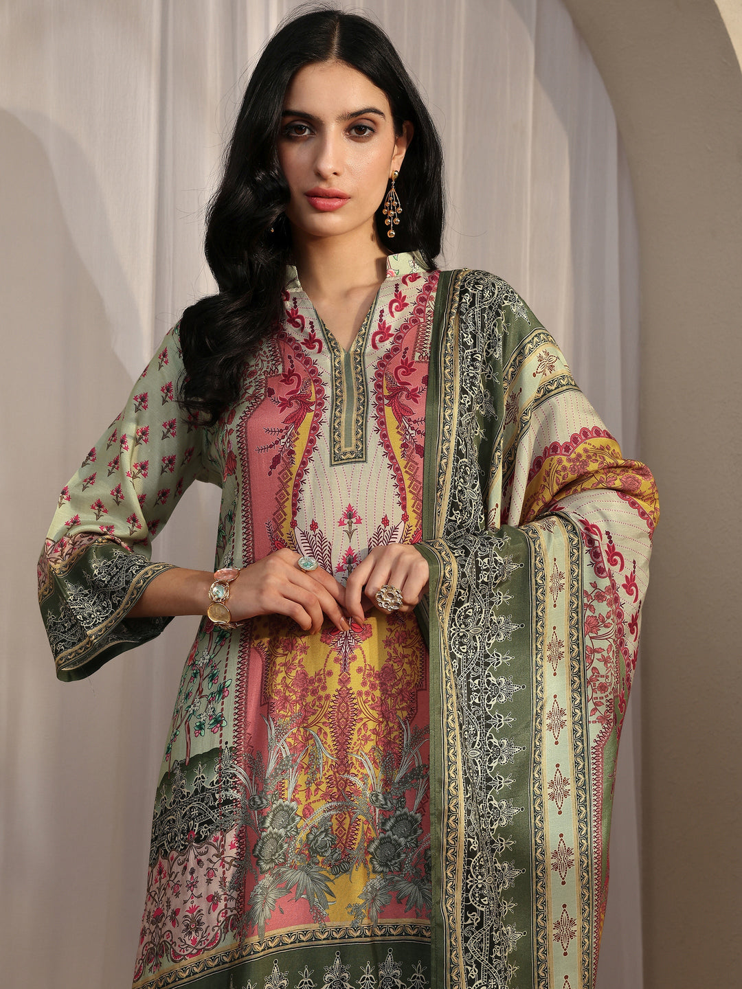  Green Printed Muslin Straight Suit Set With Dupatta 