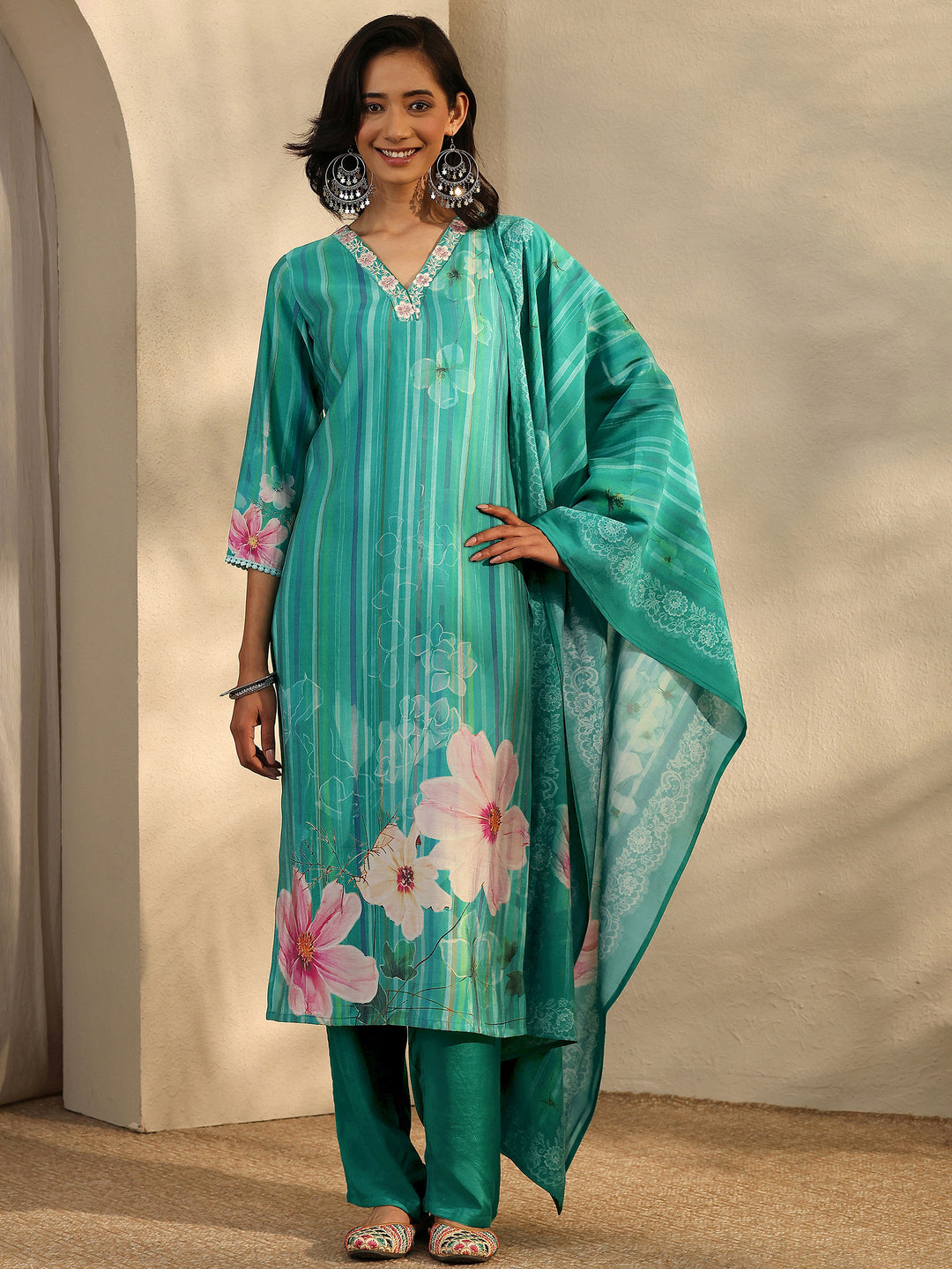 Teal Printed Silk Blend Straight Suit Set With Dupatta 