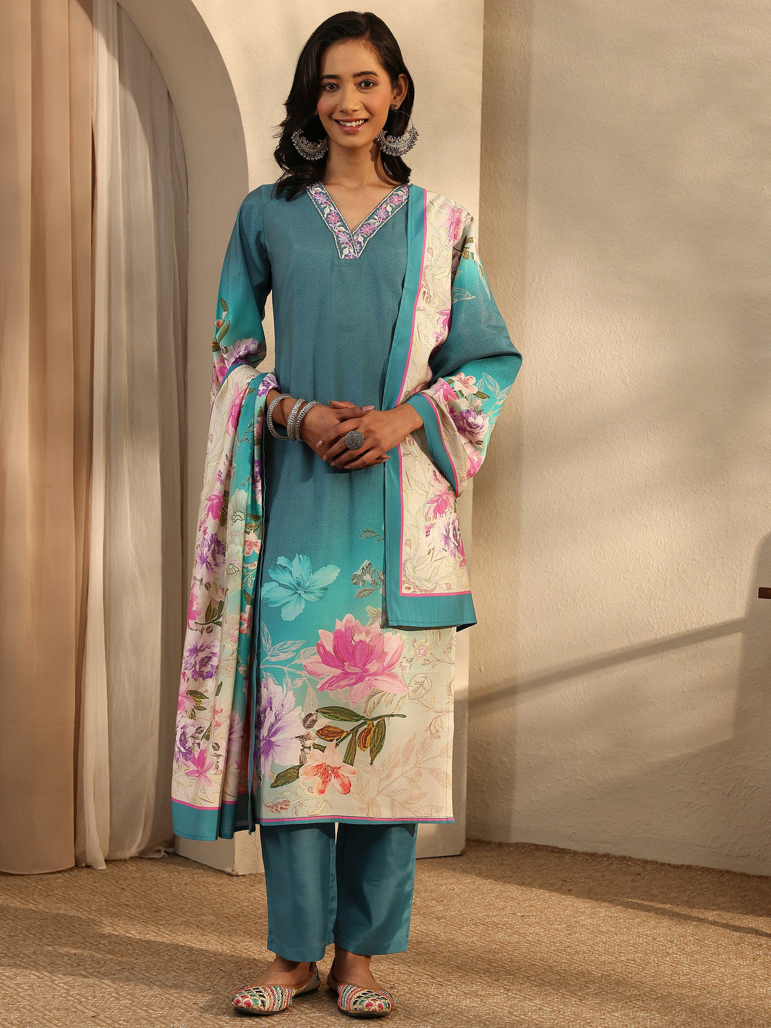  Teal Printed Silk Blend Straight Suit Set With Dupatta 