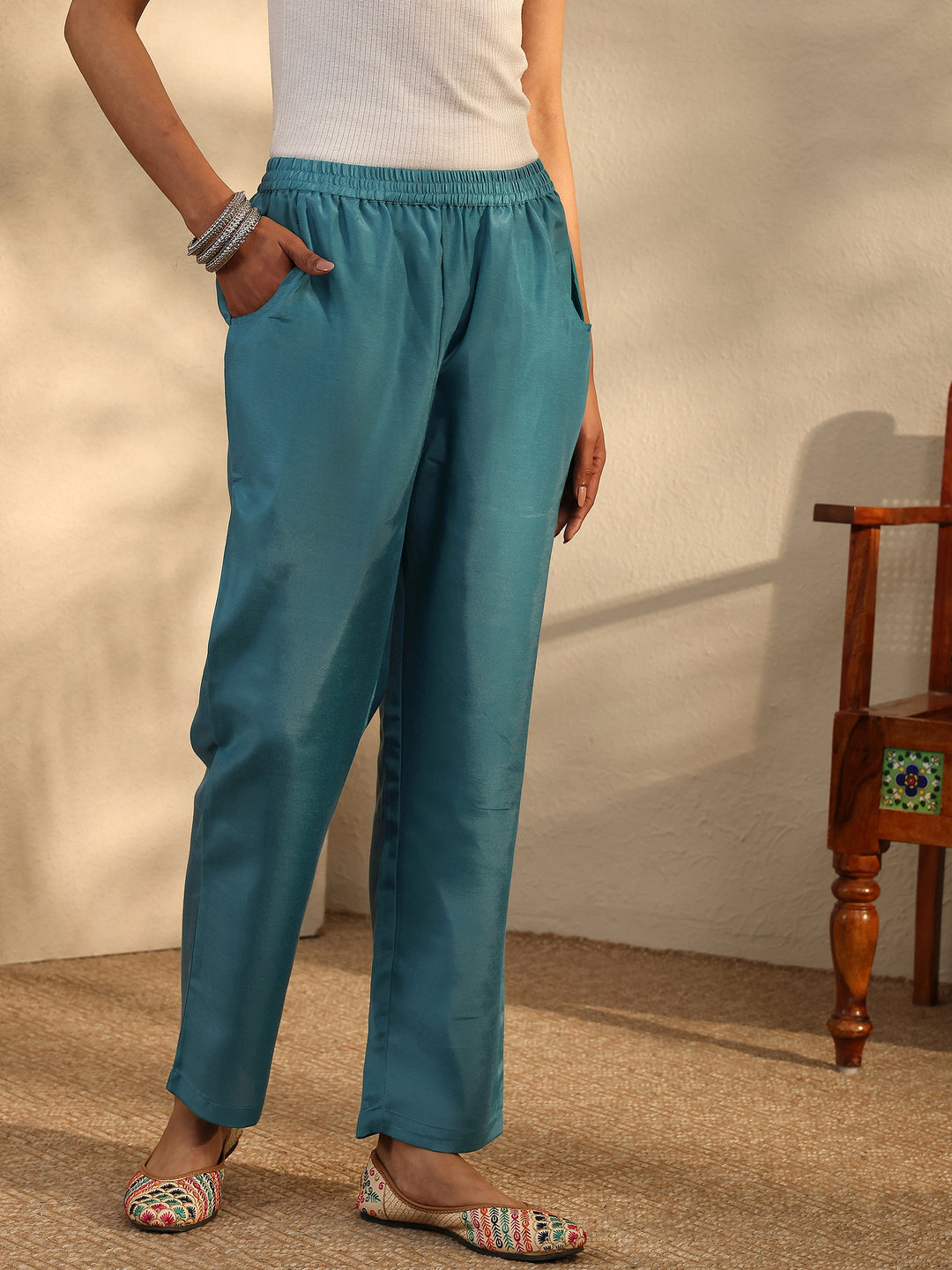  Teal Printed Silk Blend Straight Suit Set With Dupatta 