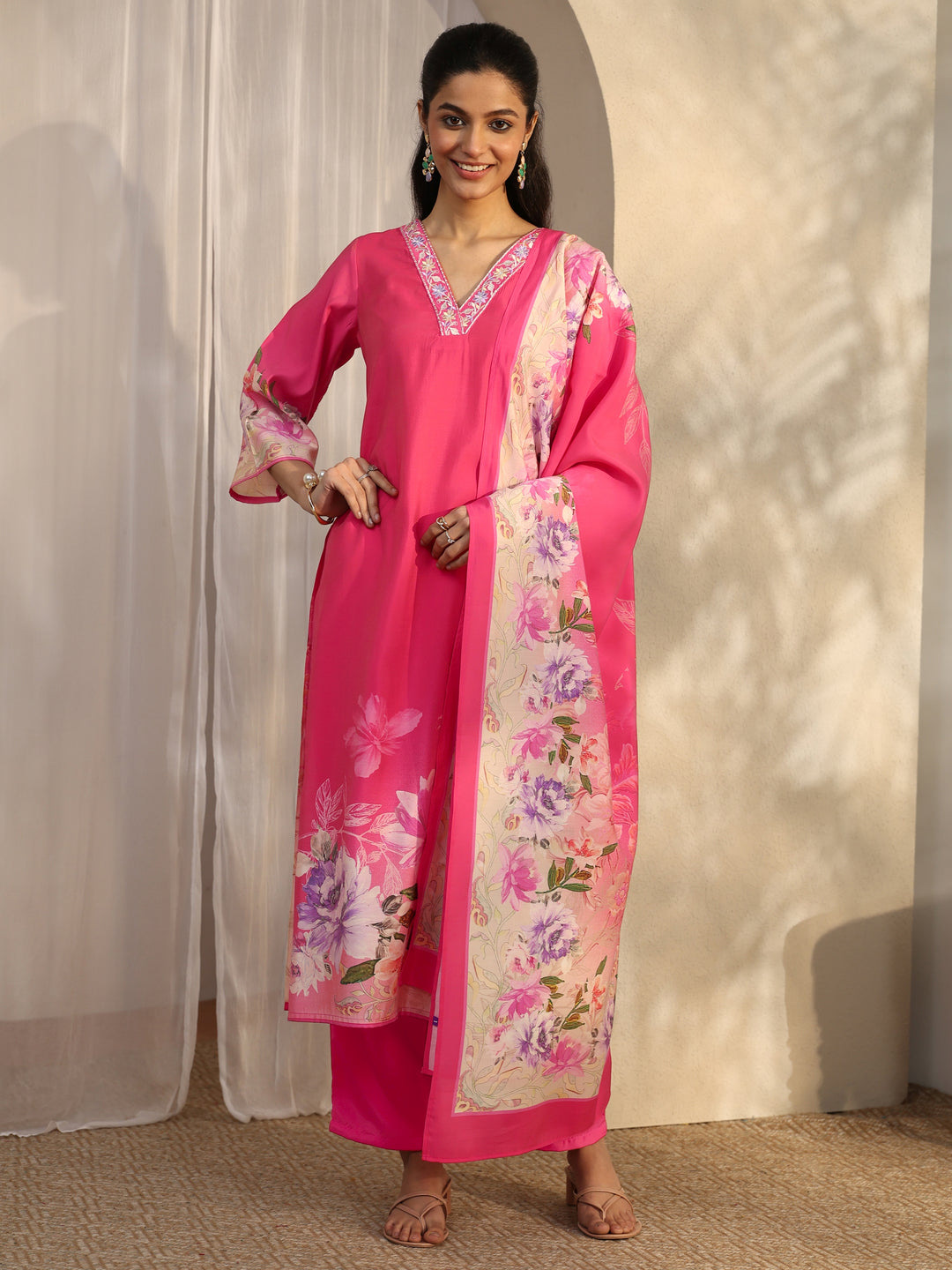 Red Printed Silk Blend Straight Suit Set With Dupatta 