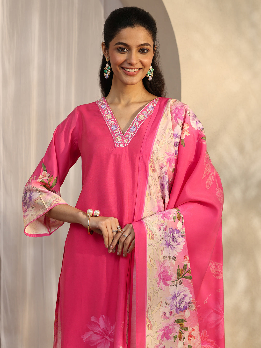  Red Printed Silk Blend Straight Suit Set With Dupatta 