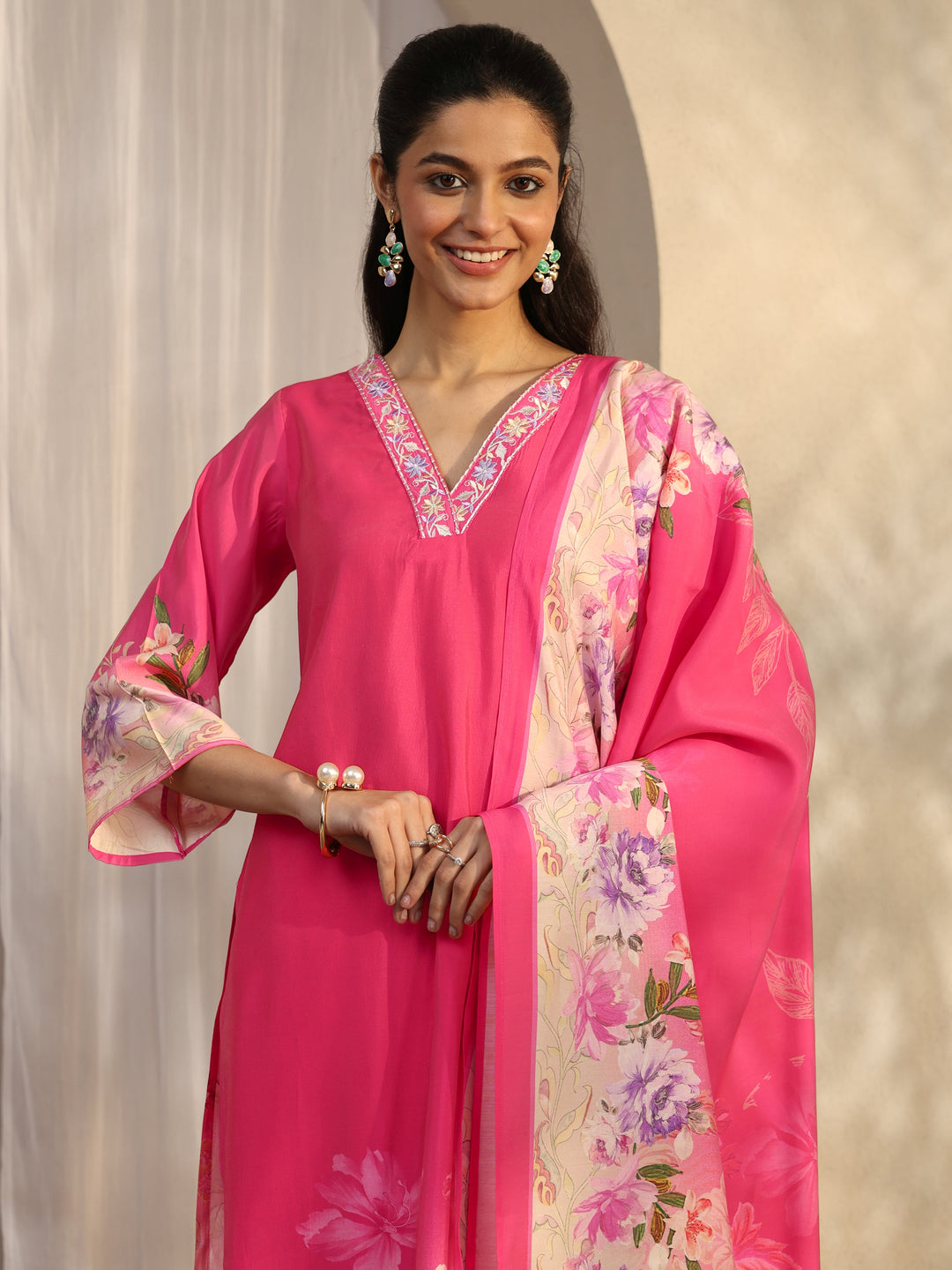  Red Printed Silk Blend Straight Suit Set With Dupatta 