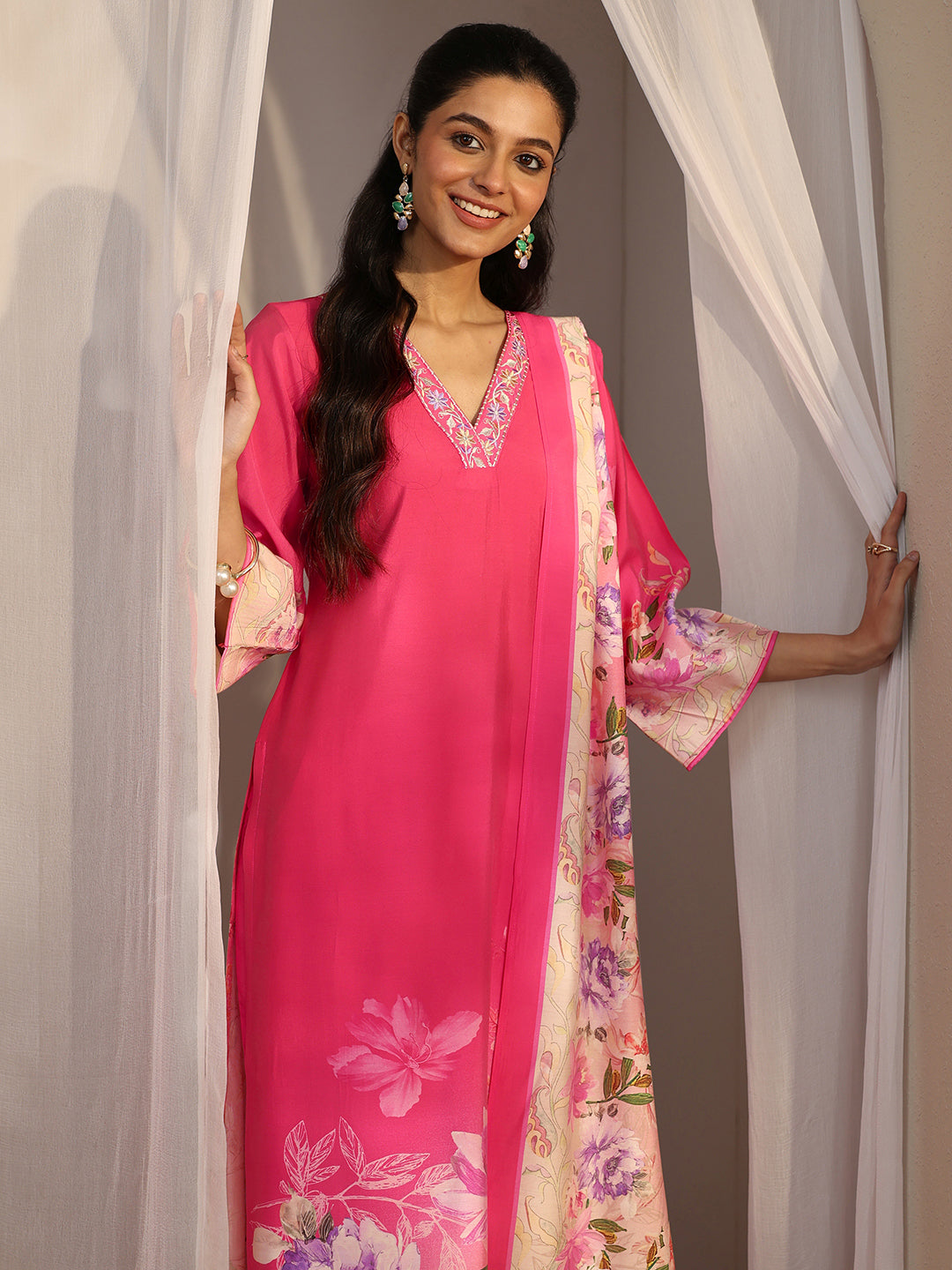  Red Printed Silk Blend Straight Suit Set With Dupatta 