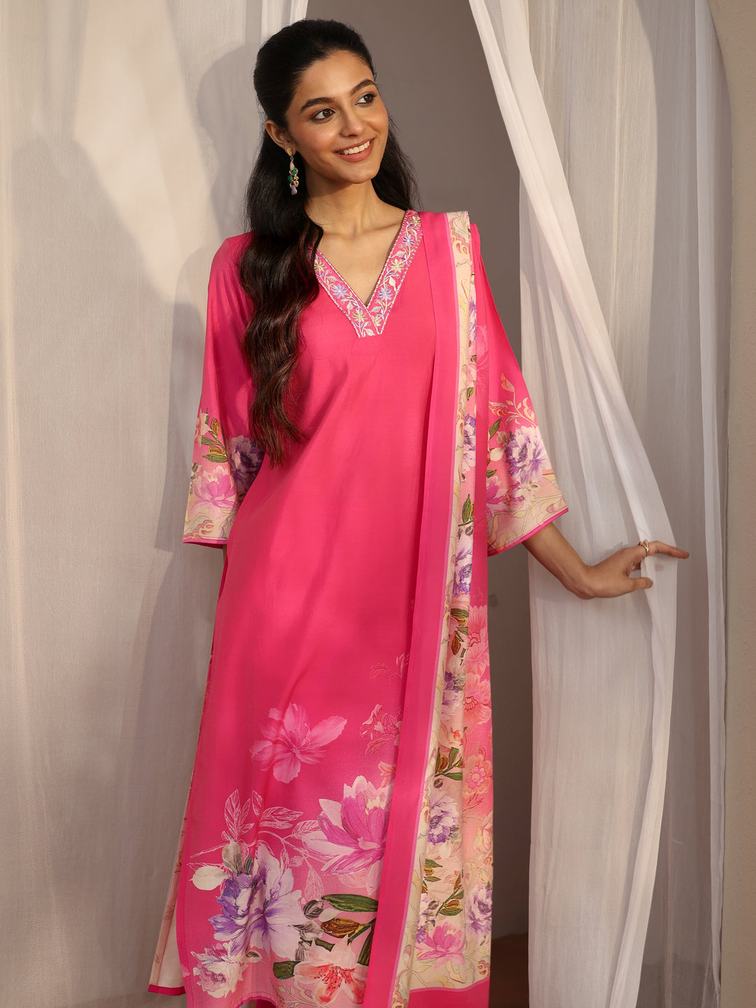 Red Printed Silk Blend Straight Suit Set With Dupatta