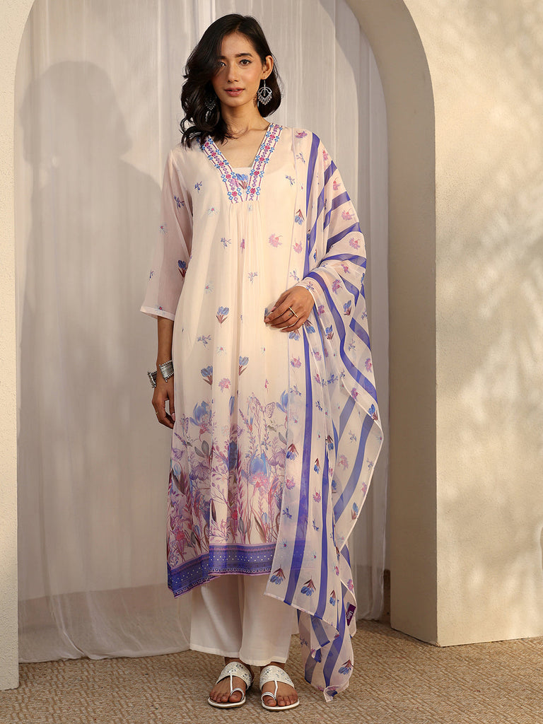 Libas Off White Printed Chiffon Straight Suit Set With Dupatta
