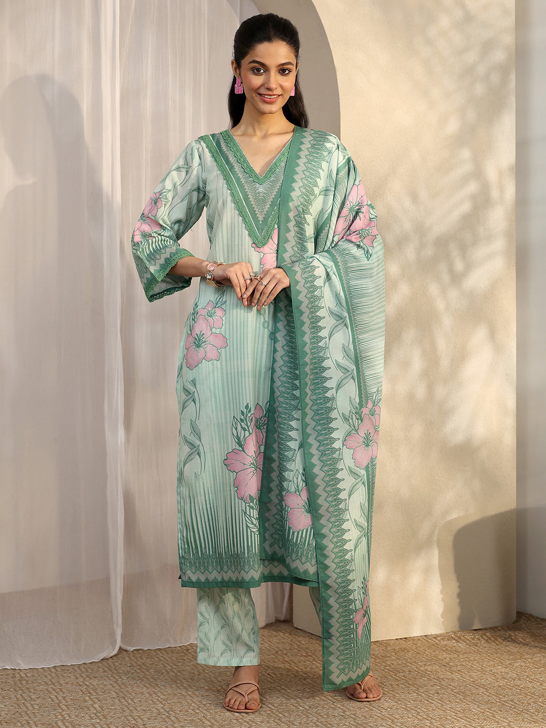 libas Green Printed Cotton Blend Straight Suit Set With Dupatta-picture-48