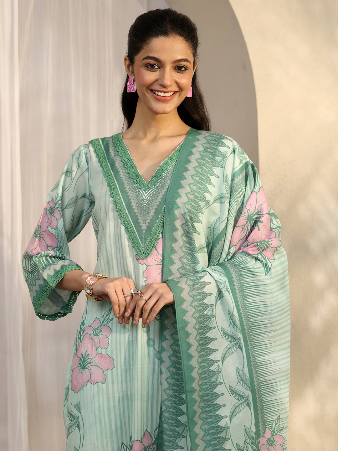  Green Printed Cotton Blend Straight Suit Set With Dupatta 