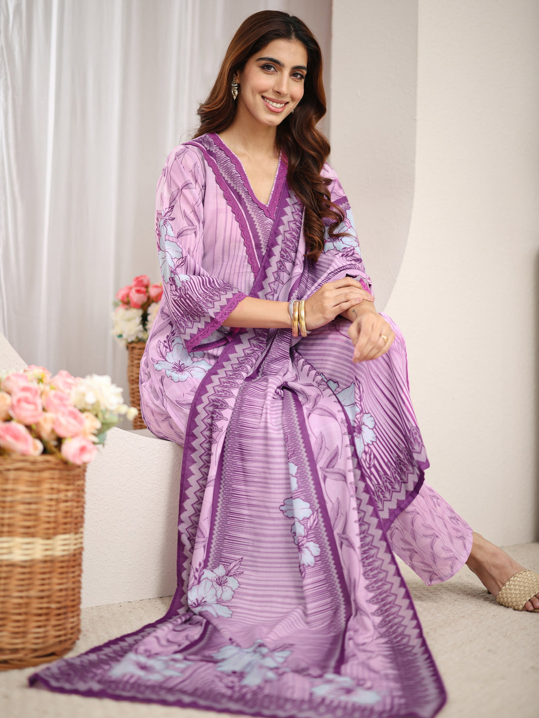  Purple Floral Printed Cotton Blend Straight Suit Set With Dupatta 