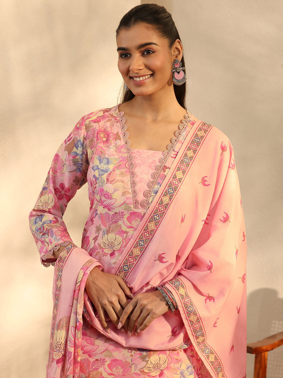  Peach Printed Cotton Blend Straight Suit Set With Dupatta 