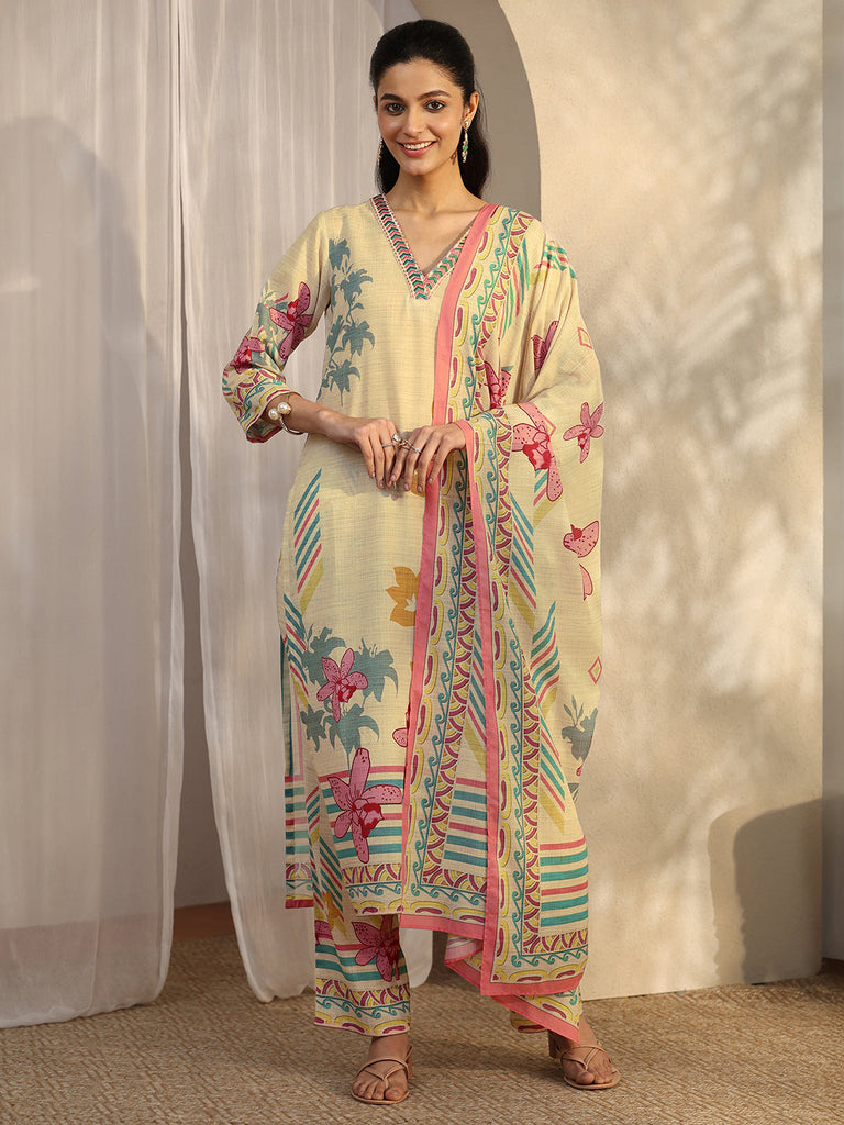 Libas Multi Printed Cotton Blend Straight Suit Set With Dupatta
