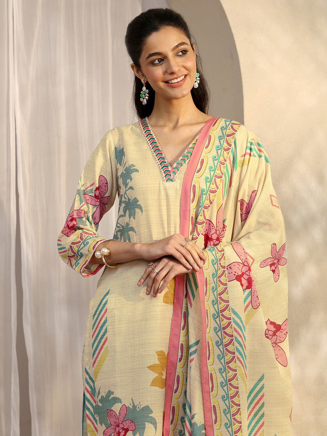  Multi Printed Cotton Blend Straight Suit Set With Dupatta 