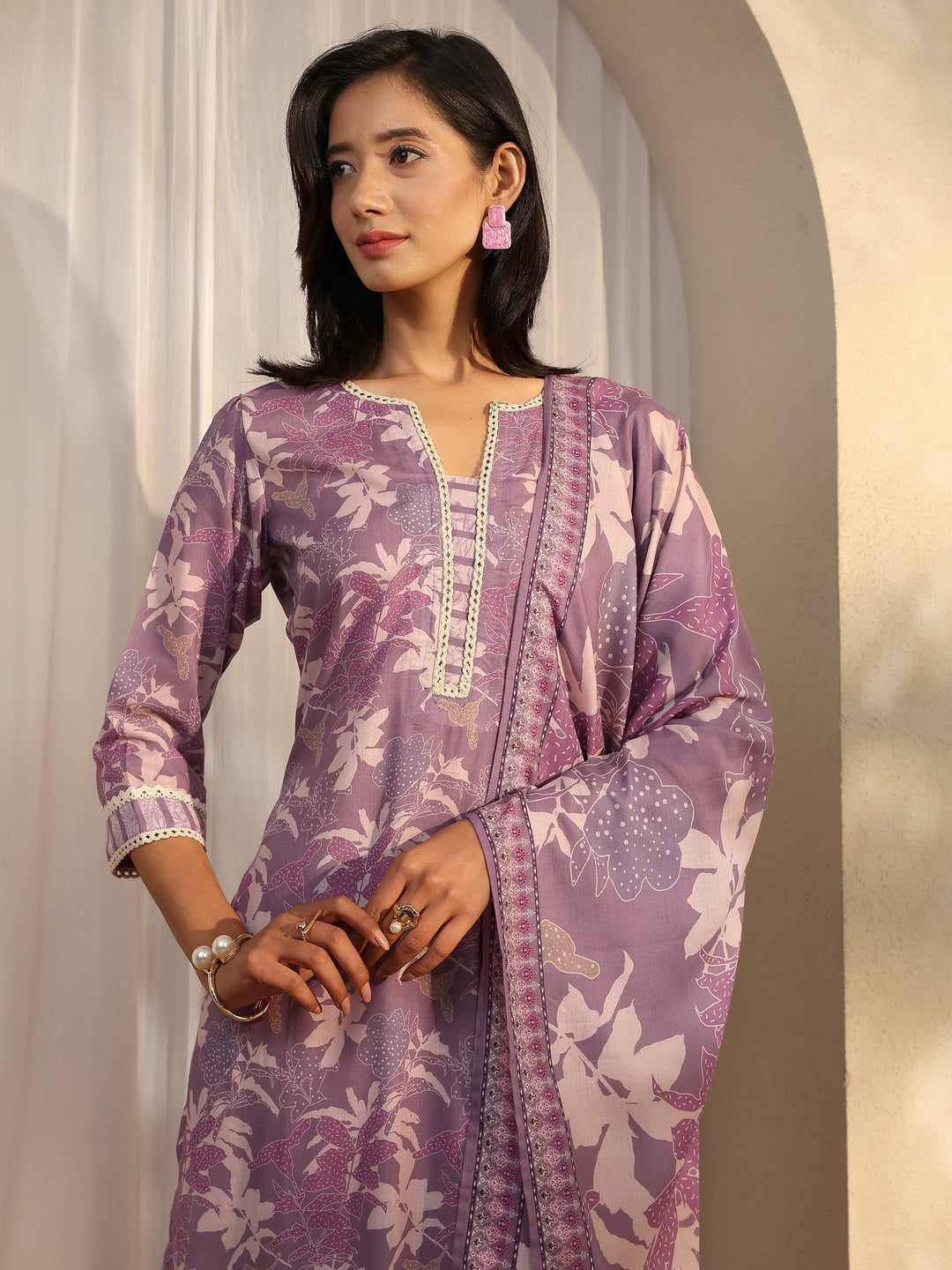  Purple Printed Cotton Blend Straight Suit Set With Dupatta 