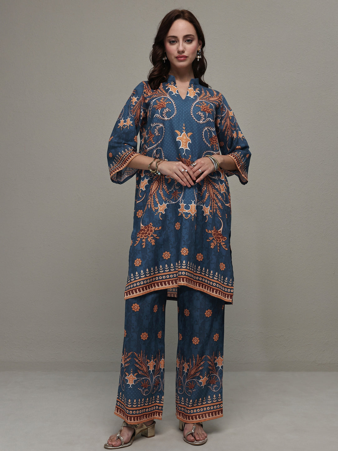  Blue Floral Printed Cotton Blend Co-Ord Set 