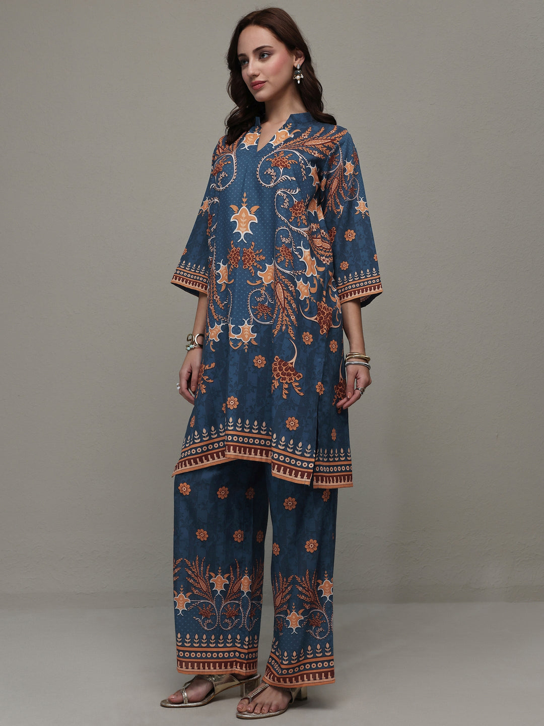  Blue Floral Printed Cotton Blend Co-Ord Set 