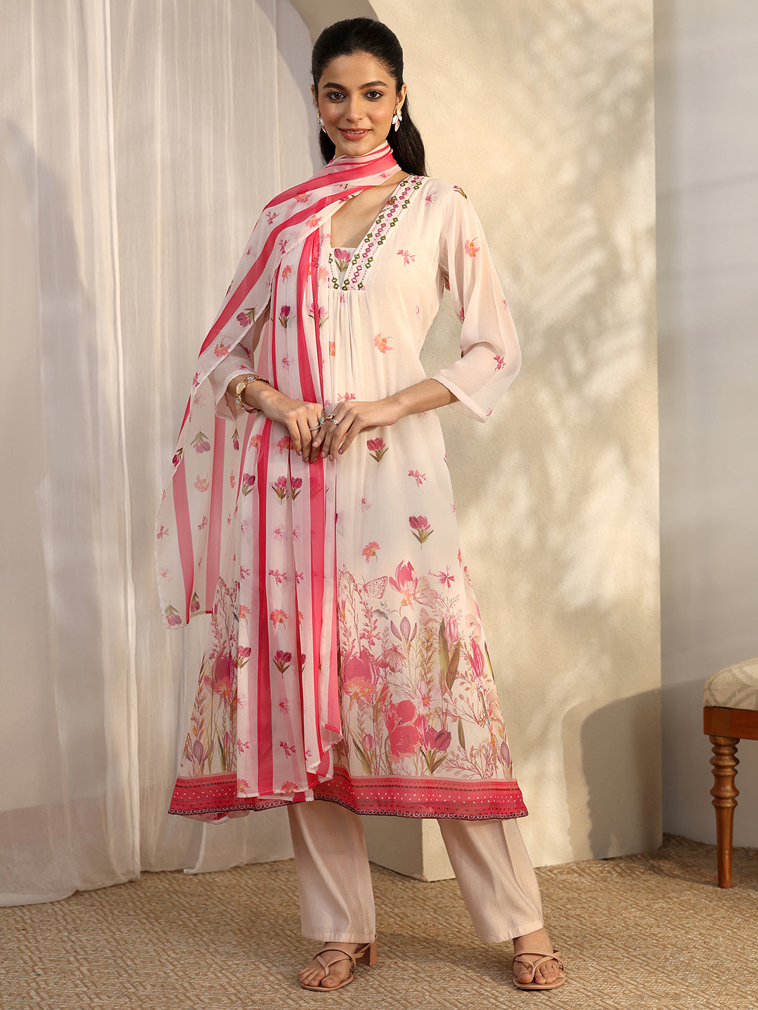 libas Off White Printed Chiffon A-Line Suit Set With Dupatta-picture-43