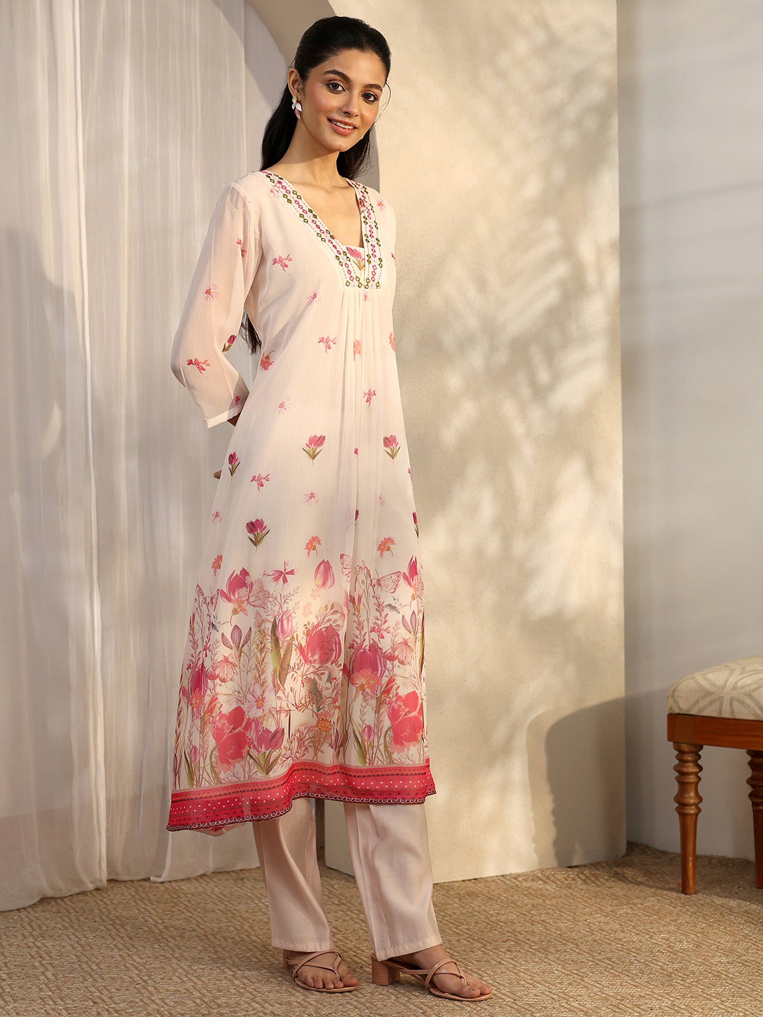  Off White Printed Chiffon A-Line Suit Set With Dupatta 
