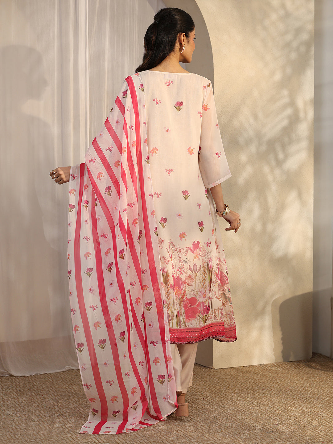  Off White Printed Chiffon A-Line Suit Set With Dupatta 