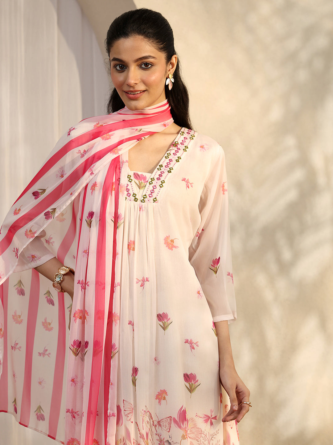  Off White Printed Chiffon A-Line Suit Set With Dupatta 