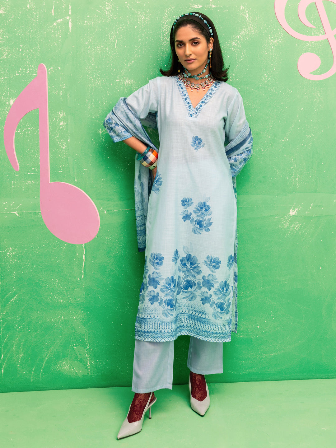 Sofia Blue Printed Linen Straight Suit Set With Dupatta