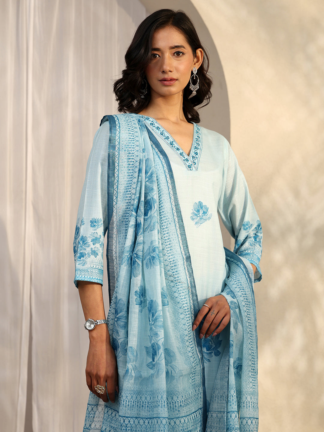  Sofia Blue Printed Linen Straight Suit Set With Dupatta 