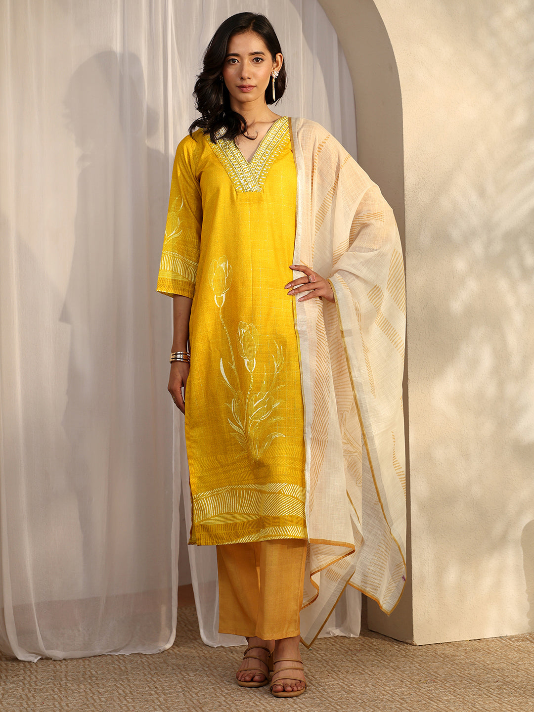 Mustard Printed Linen Straight Suit Set With Dupatta
