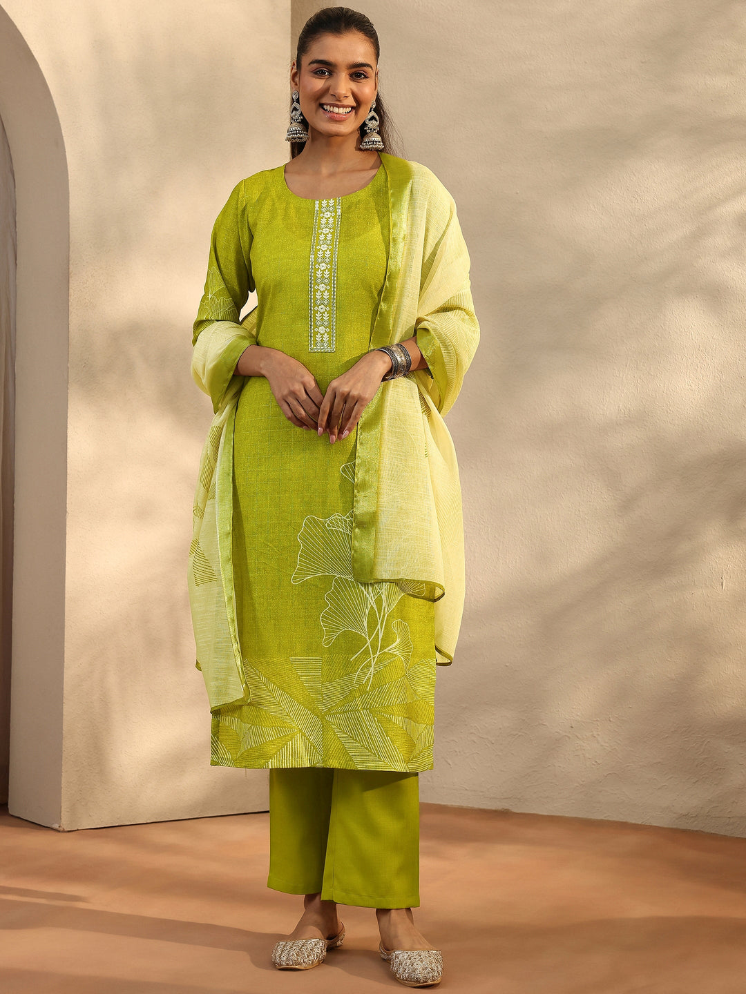  Green Printed Linen Straight Suit Set With Dupatta 