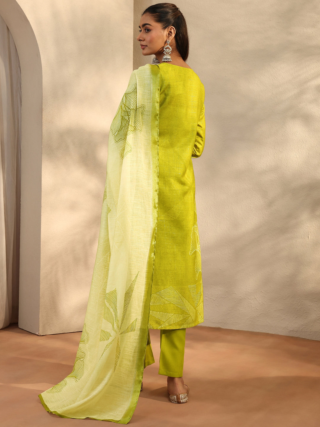  Green Printed Linen Straight Suit Set With Dupatta 