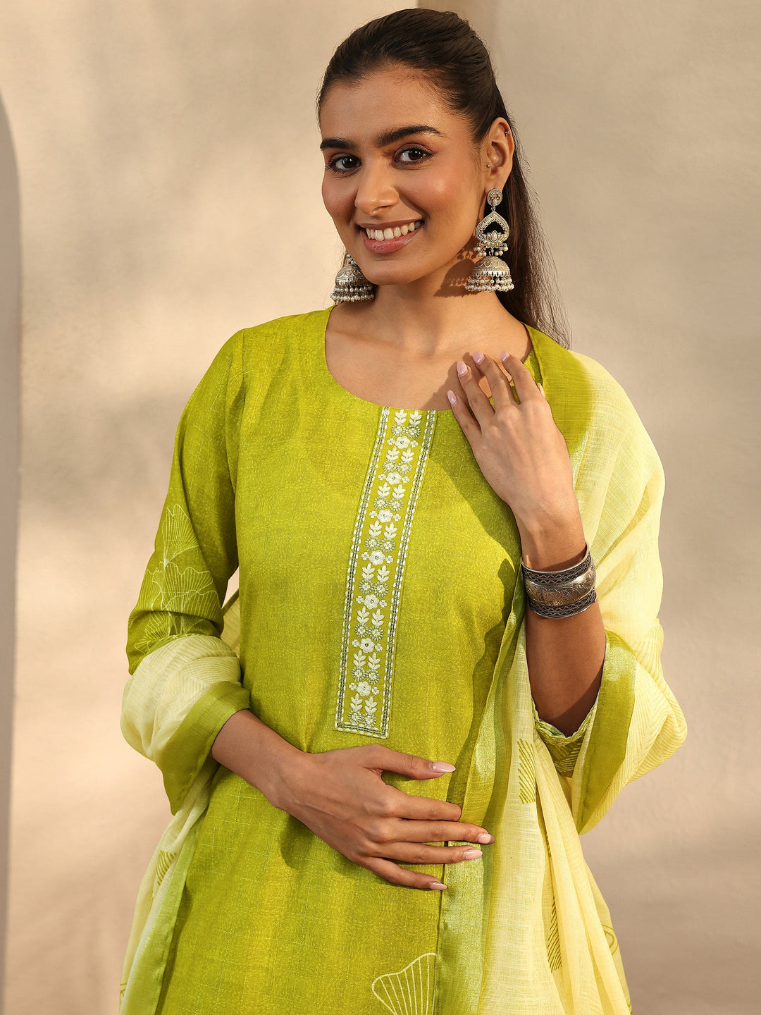  Green Printed Linen Straight Suit Set With Dupatta 