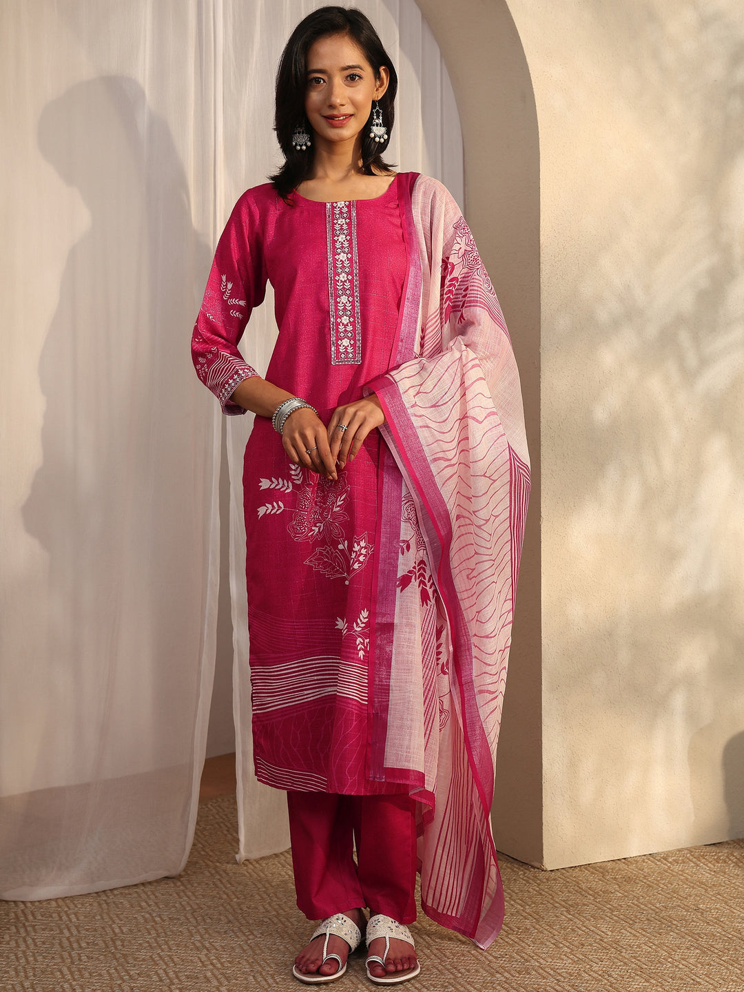 Maroon Printed Linen Straight Suit Set With Dupatta