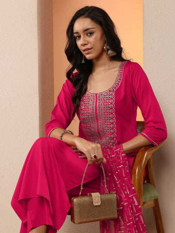 Rust Embroidered Silk Blend Straight Suit Set With Dupatta