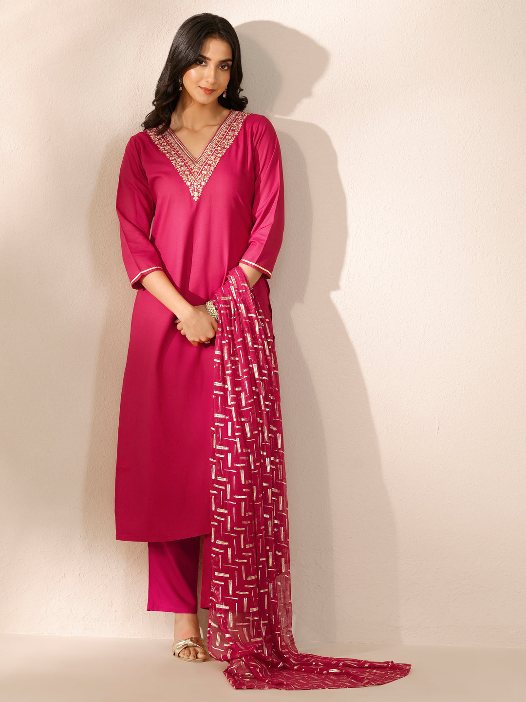  Pink Embroidered Silk Blend Straight Suit Set With Dupatta 