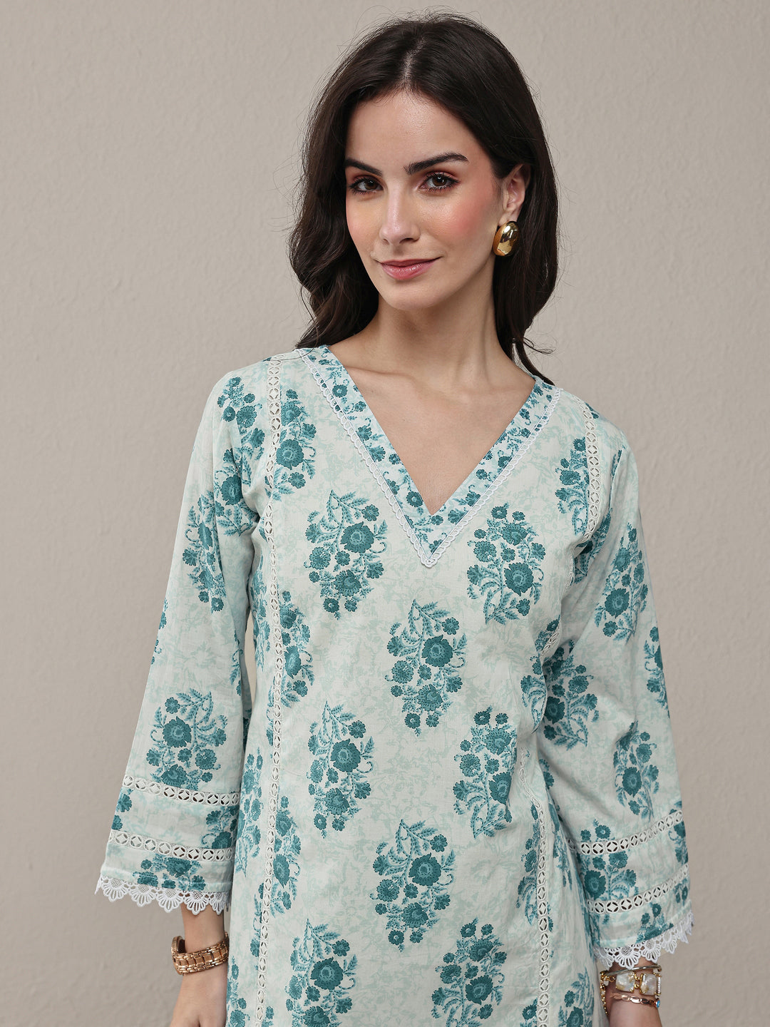  Blue Floral Printed Cotton Straight Kurta Set 