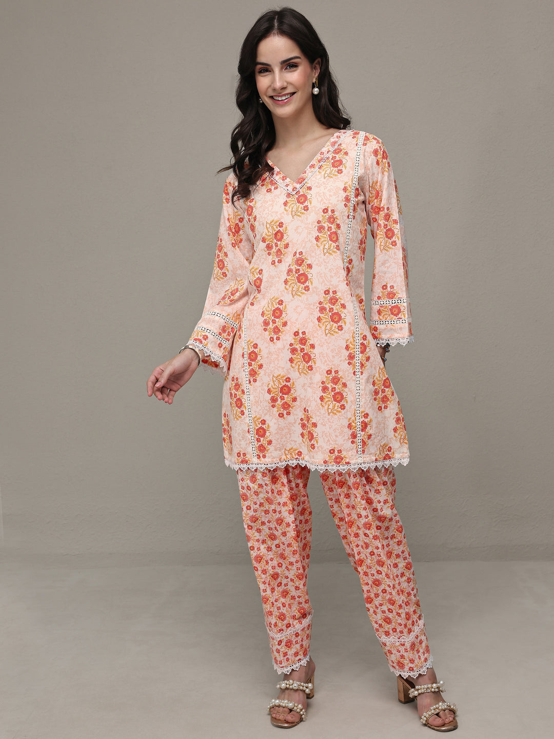  Orange Floral Printed Cotton Straight Kurta Set 
