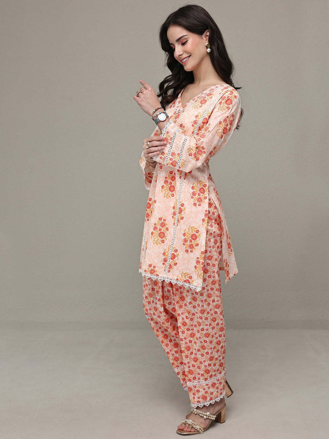  Orange Floral Printed Cotton Straight Kurta Set 