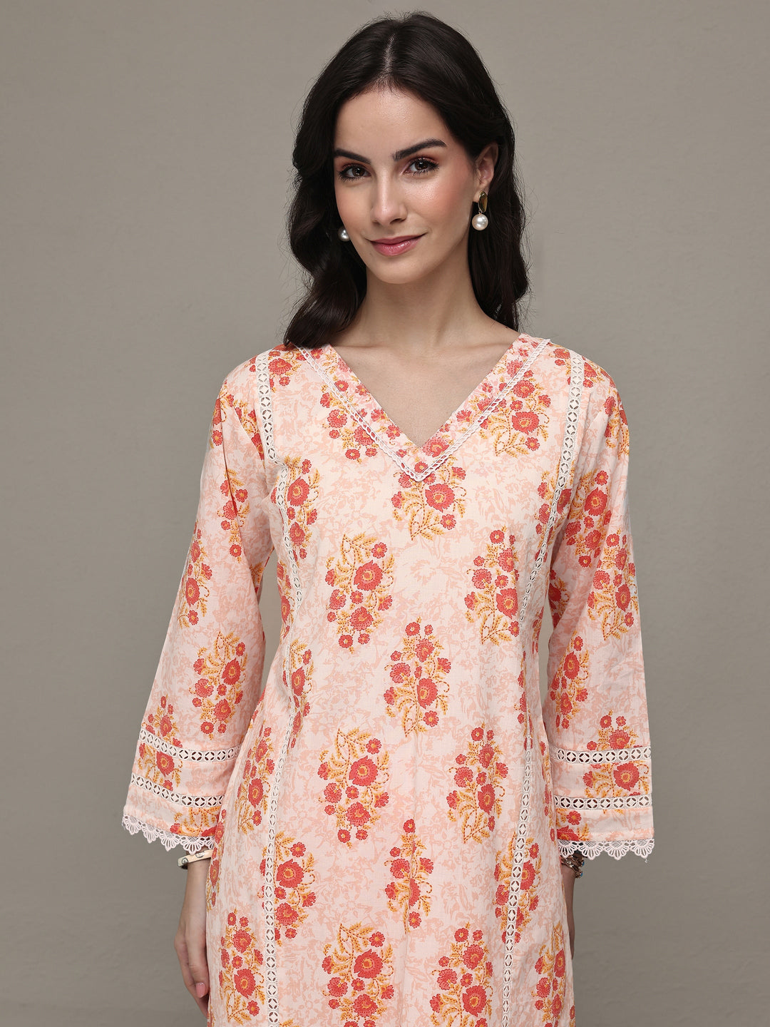  Orange Floral Printed Cotton Straight Kurta Set 