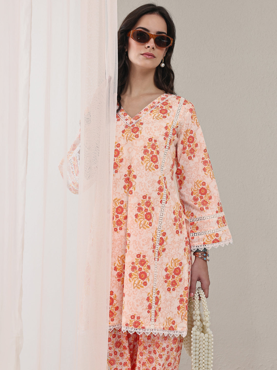  Orange Floral Printed Cotton Straight Kurta Set 