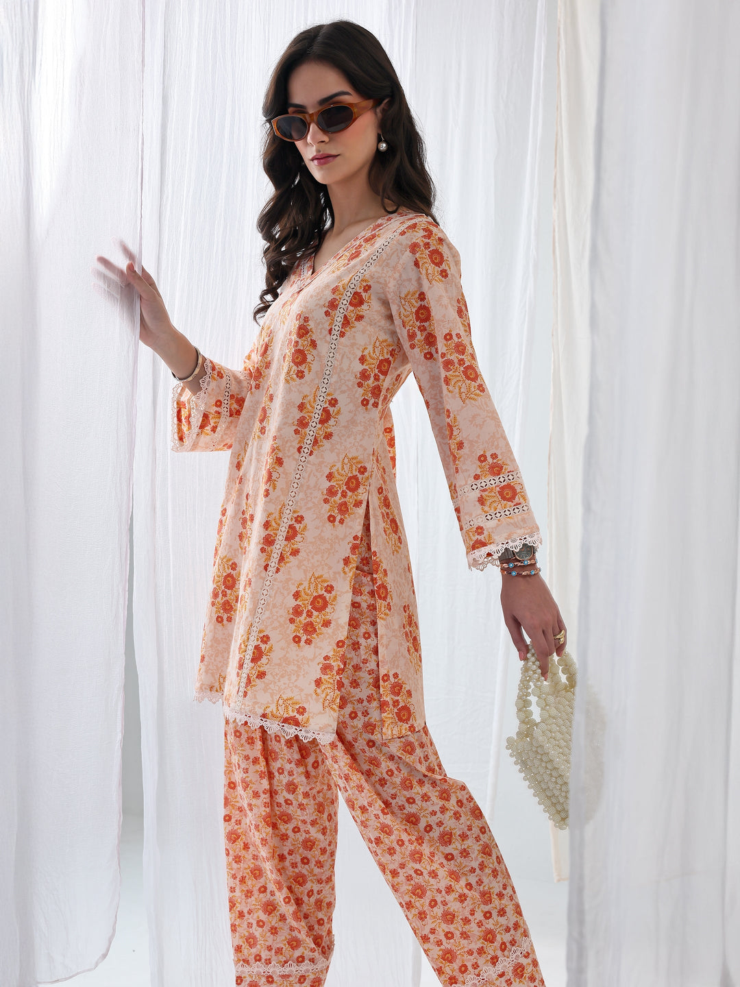  Orange Floral Printed Cotton Straight Kurta Set 