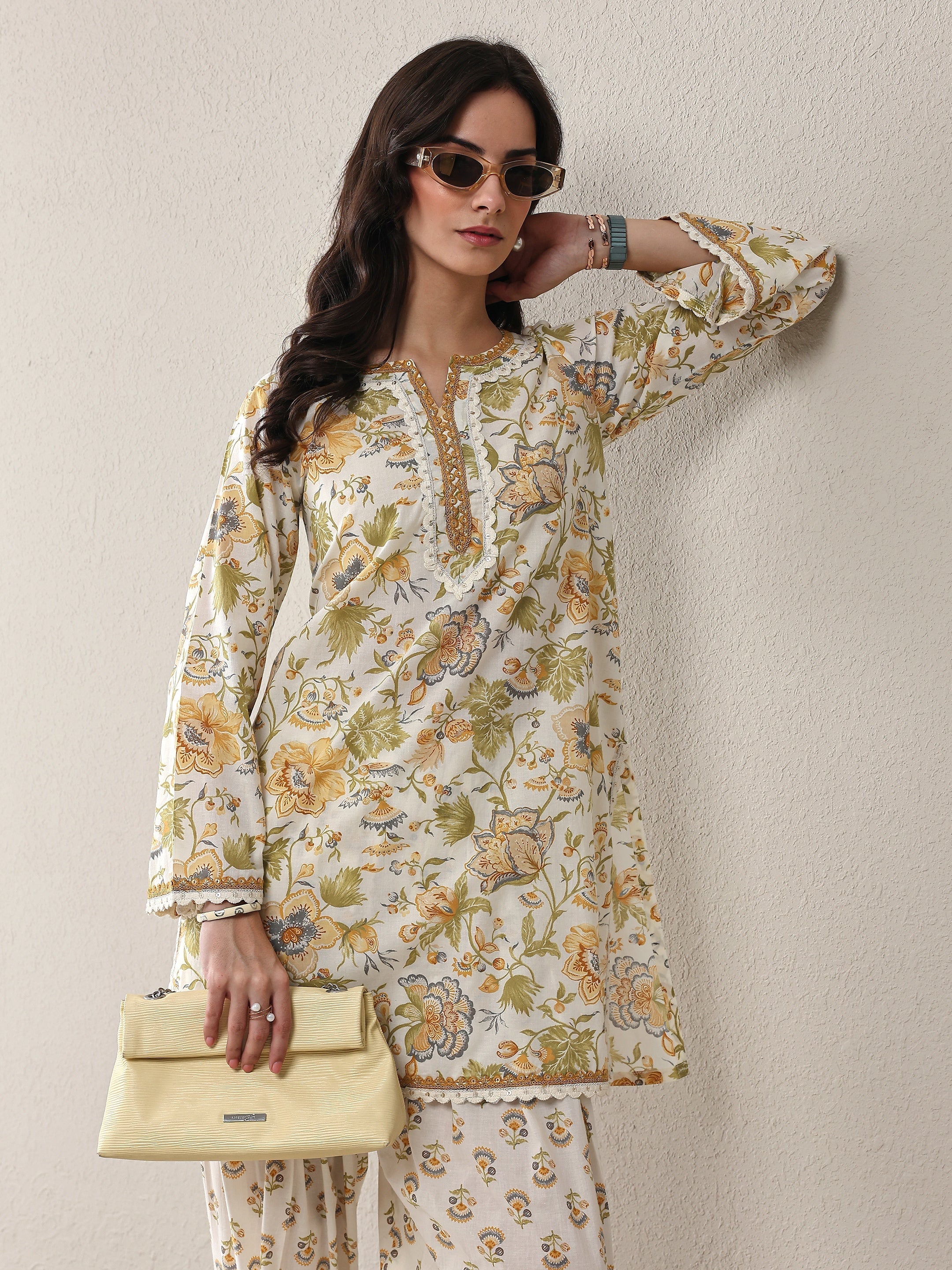 White Floral Printed Cotton Straight Kurta Set-image-42